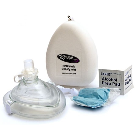 Kemp CPR Mask w/ O2 Inlet, Headstrap, Gloves, & Wipes 10-501